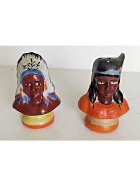 Native American Hand Painted Indian Salt and Pepper Shaker Set Japan 1930-1950